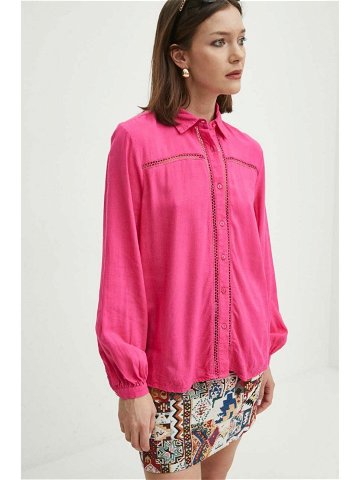 Košile s příměsí lnu Medicine dámská růžová barva regular s klasickým límcem