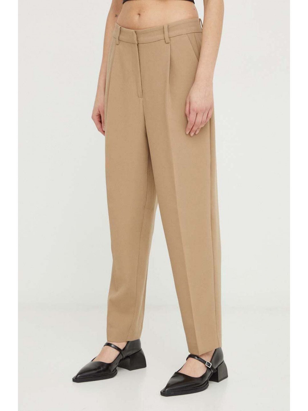 Kalhoty Bruuns Bazaar dámské béžová barva přiléhavé high waist