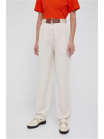 Kalhoty s lněnou směsí Emporio Armani dámské béžová barva jednoduché high waist