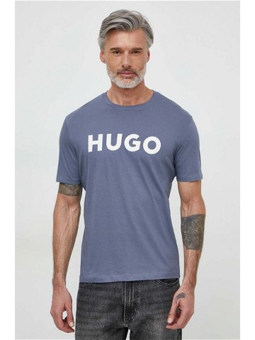 Bavlněné tričko HUGO tyrkysová barva s potiskem 50467556