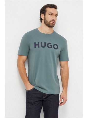 Bavlněné tričko HUGO zelená barva s potiskem 50467556