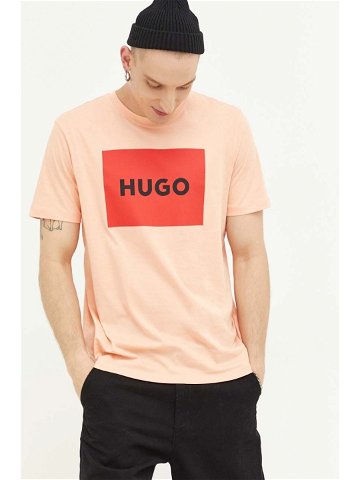 Bavlněné tričko HUGO růžová barva s potiskem 50467952
