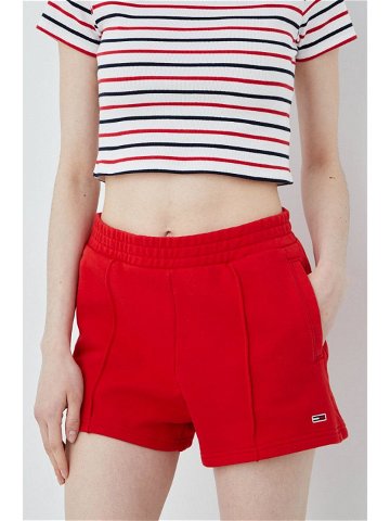 Bavlněné šortky Tommy Jeans dámské červená barva hladké high waist