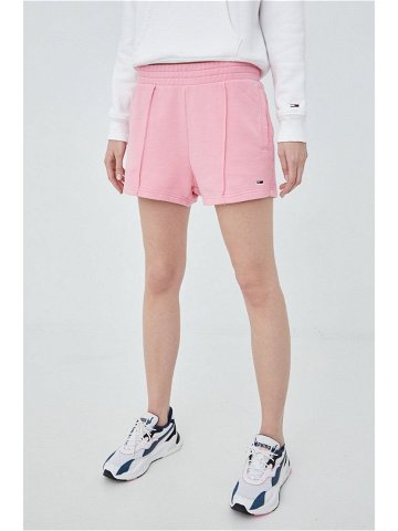 Bavlněné šortky Tommy Jeans dámské růžová barva hladké high waist