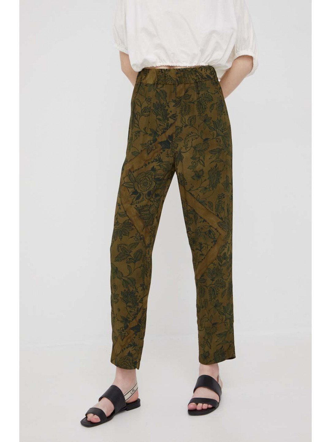 Kalhoty Sisley dámské zelená barva jednoduché high waist