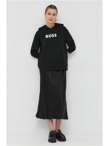 Bavlněná mikina BOSS dámská černá barva s kapucí s potiskem