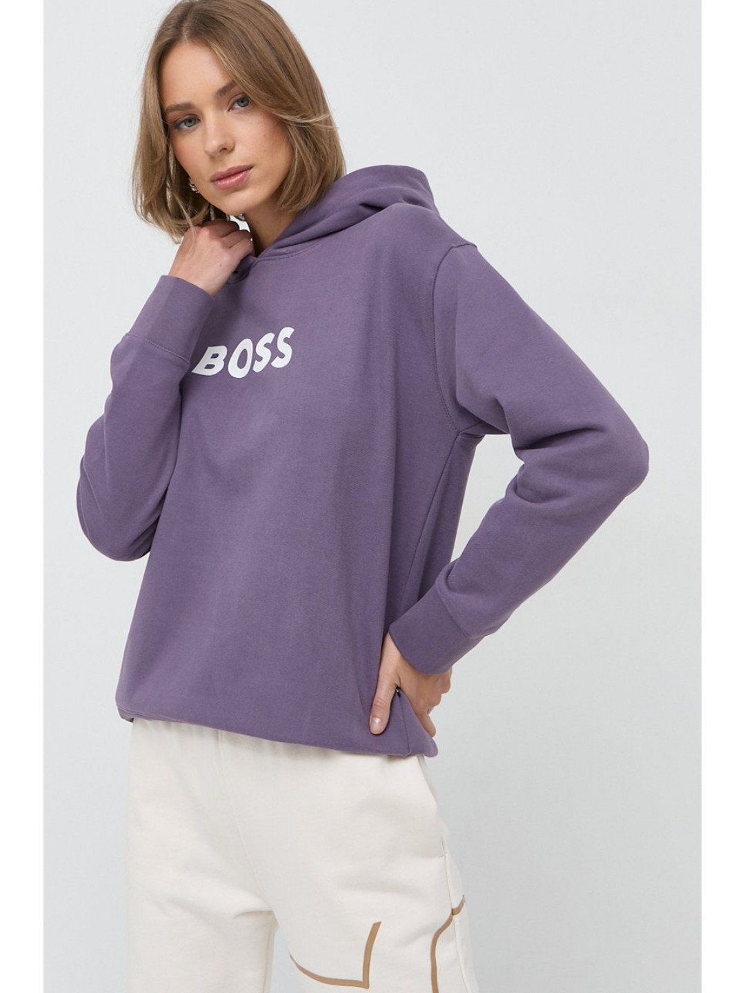 Bavlněná mikina BOSS dámská fialová barva s kapucí s potiskem 50468367