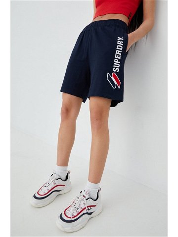 Bavlněné šortky Superdry dámské tmavomodrá barva s aplikací high waist