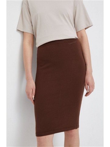 Vlněná sukně Calvin Klein hnědá barva midi pouzdrová