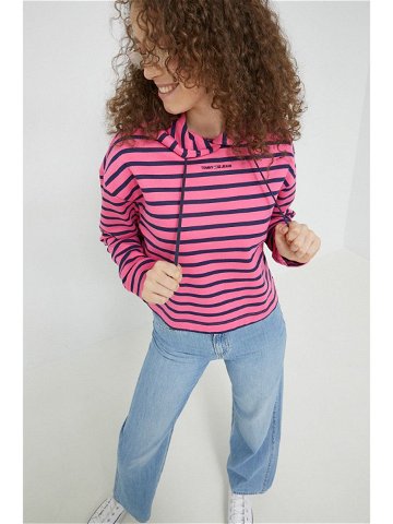 Mikina Tommy Jeans dámská růžová barva s kapucí vzorovaná