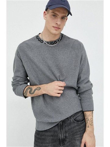 Bavlněný svetr HUGO pánský šedá barva lehký