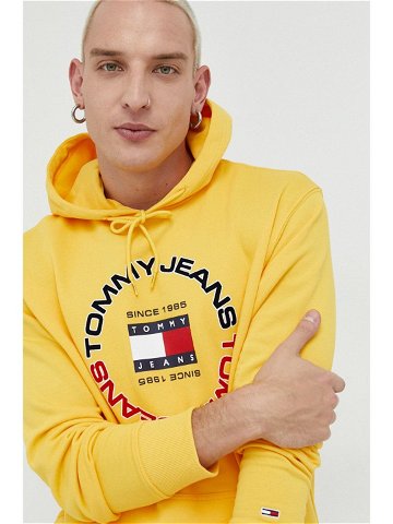 Bavlněná mikina Tommy Jeans pánská žlutá barva s kapucí s potiskem