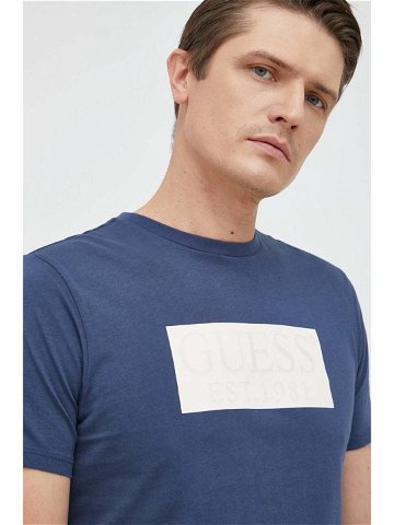 Bavlněné tričko Guess tmavomodrá barva s potiskem