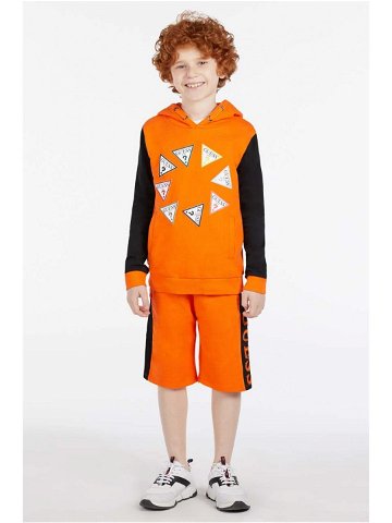 Dětská bavlněná mikina Guess oranžová barva s kapucí vzorovaná