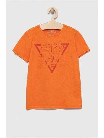 Dětské bavlněné tričko Guess oranžová barva s potiskem