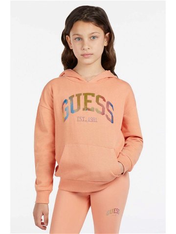 Dětská bavlněná mikina Guess oranžová barva s kapucí s aplikací