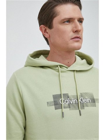 Bavlněná mikina Calvin Klein pánská zelená barva s kapucí s aplikací