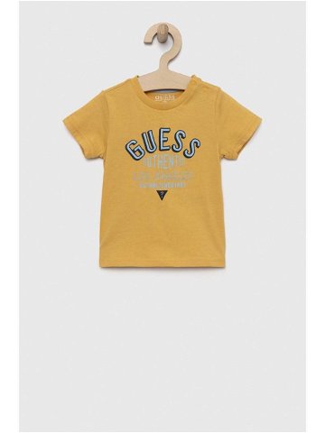Bavlněné dětské tričko Guess žlutá barva s potiskem