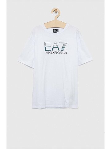 Dětské bavlněné tričko EA7 Emporio Armani bílá barva s potiskem