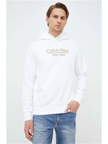 Bavlněná mikina Calvin Klein pánská bílá barva s kapucí vzorovaná