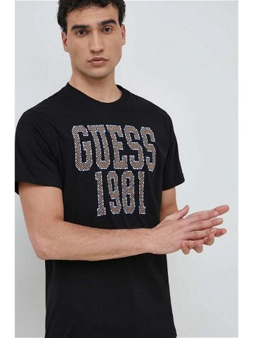 Bavlněné tričko Guess černá barva s aplikací