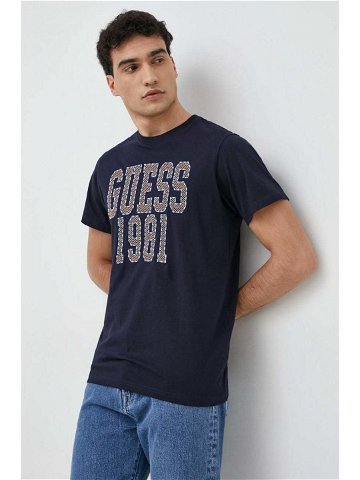 Bavlněné tričko Guess tmavomodrá barva s aplikací