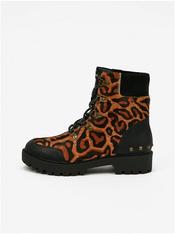 Hnědé dámské kožené kotníkové boty s leopardím vzorem Desigual Biker Leopard