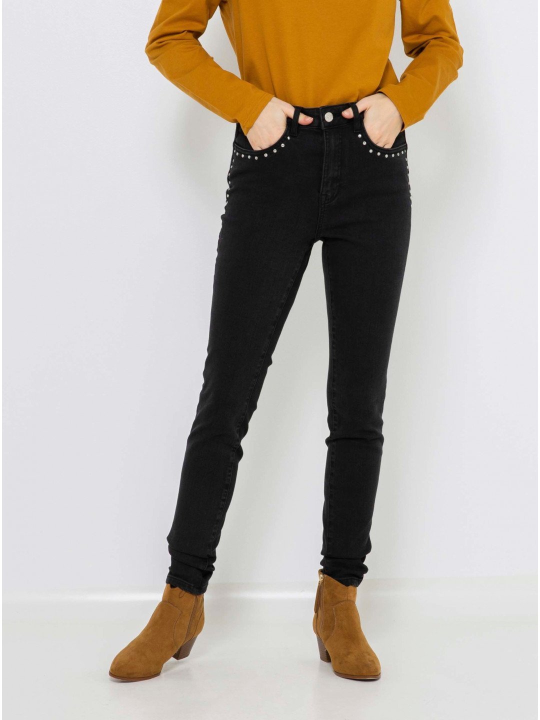 Černé slim fit džíny s ozdobnými detaily CAMAIEU
