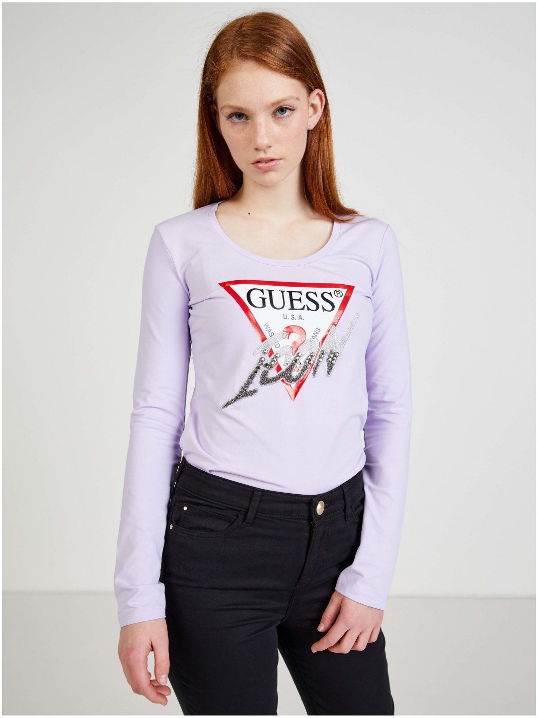 Světle fialové dámské tričko s potiskem Guess