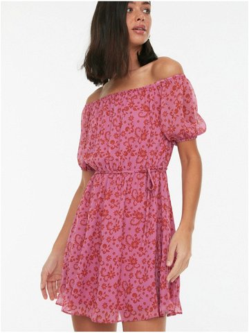 Růžové dámské vzorované krátké šaty s odhalenými rameny Trendyol