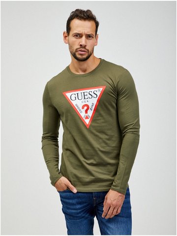 Khaki pánské tričko s dlouhým rukávem Guess