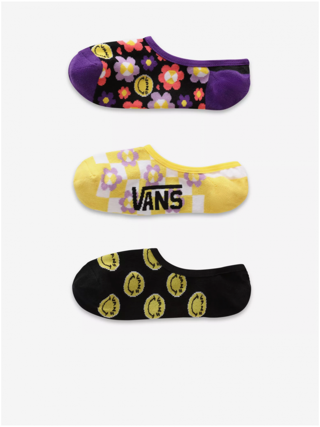 Sada tří párů dámských vzorovaných ponožek v černé žluté a fialové barvě VANS