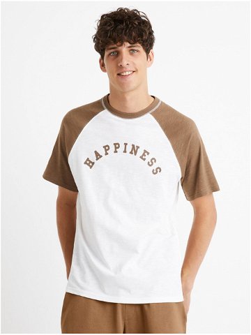 Hnědo-bílé pánské tričko Celio Ceraglan Happiness