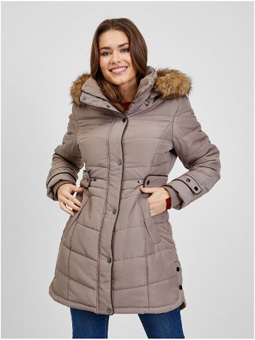 Hnědý dámský prošívaný zimní kabát s odepínací kapucí s kožíškem ORSAY