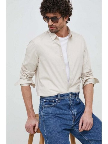 Košile Calvin Klein pánská béžová barva slim s klasickým límcem