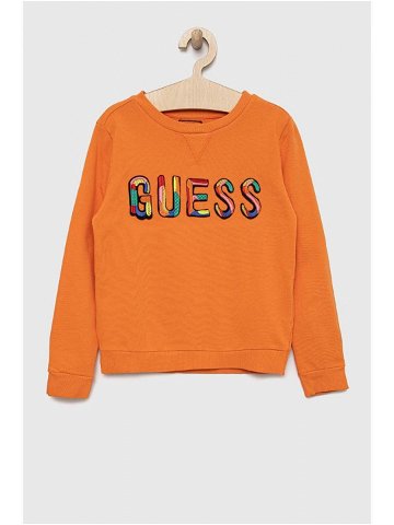 Dětská bavlněná mikina Guess oranžová barva s aplikací