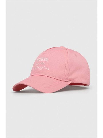 Bavlněná baseballová čepice Guess růžová barva s potiskem