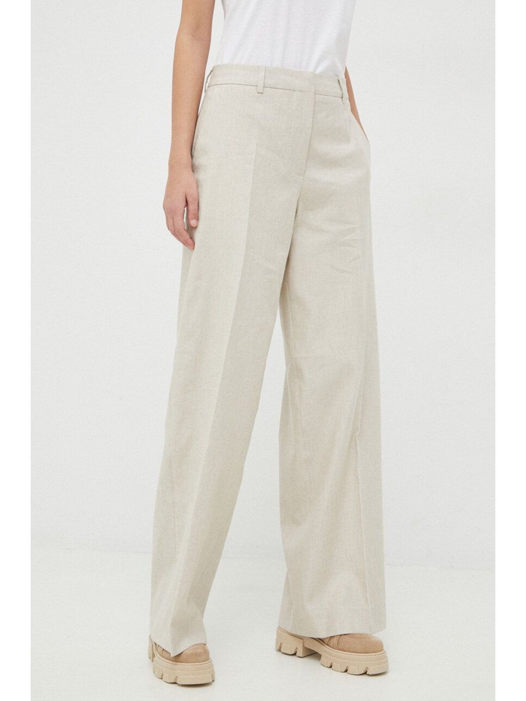 Plátěné kalhoty Calvin Klein béžová barva široké high waist