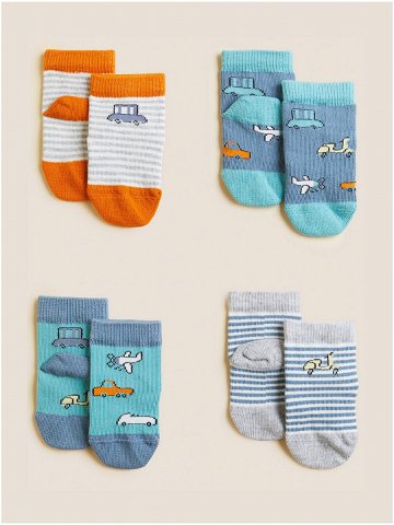 Sada čtyř párů klučičích ponožek v modré šedé bílé a oranžové barvě s motivem dopravních prostředků Marks & Spencer