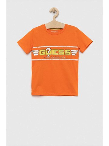 Dětské bavlněné tričko Guess oranžová barva s potiskem