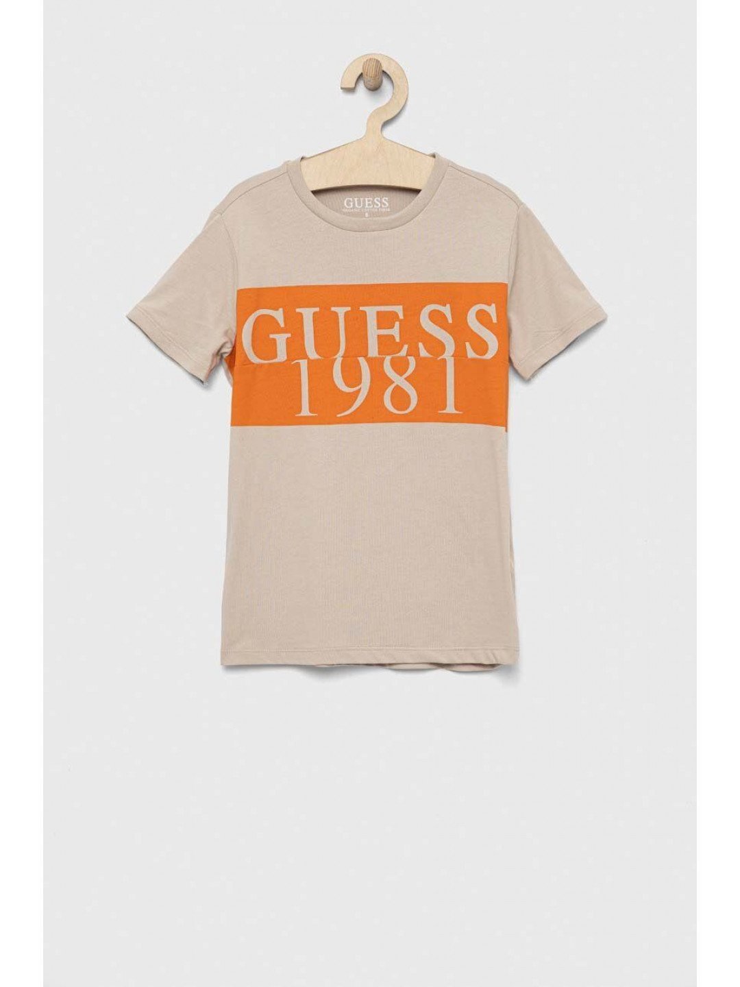 Dětské bavlněné tričko Guess béžová barva s potiskem