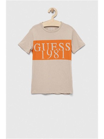 Dětské bavlněné tričko Guess béžová barva s potiskem