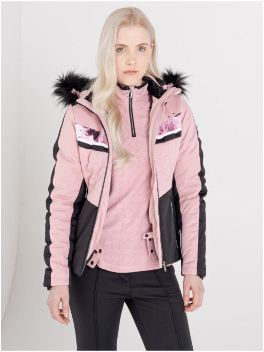 Černo-růžová dámská lyžařská bunda s kapucí a umělým kožíškem Dare 2B Dynamite
