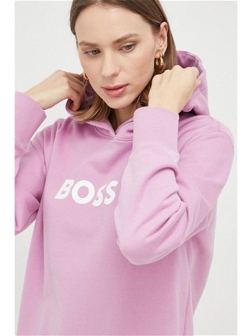 Bavlněná mikina BOSS dámská růžová barva s kapucí s potiskem 50468367