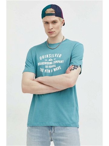 Bavlněné tričko Quiksilver tyrkysová barva s potiskem