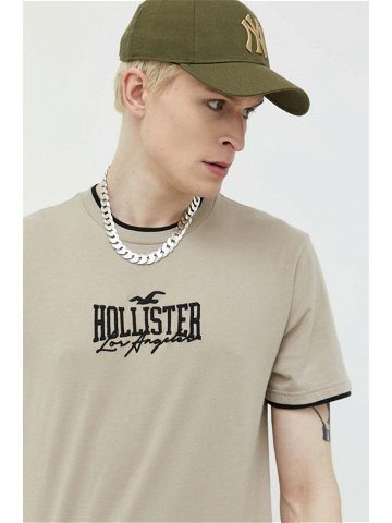 Bavlněné tričko Hollister Co béžová barva s aplikací