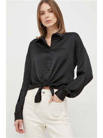 Košile Guess BOWED JUN dámská černá barva relaxed s klasickým límcem W3GH93 WD8G2