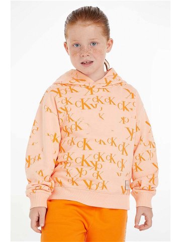 Dětská mikina Calvin Klein Jeans oranžová barva s kapucí vzorovaná