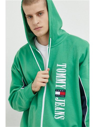 Mikina Tommy Jeans pánská zelená barva s kapucí s aplikací