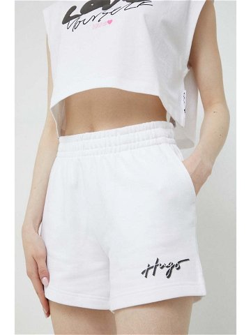 Bavlněné šortky HUGO bílá barva s potiskem high waist